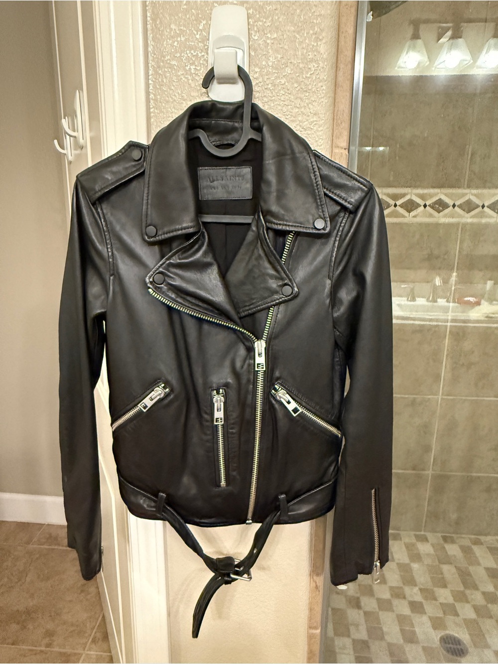 All Saints Black Balfern Leather Biker Jacket with Silver Hardware Size 2